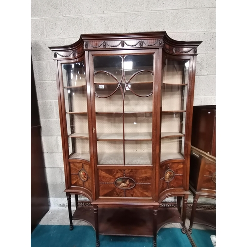 862 - Edwardian / French Inlaid glazed Display Cabinet with three painted brass surround scenes.  Four fab... 