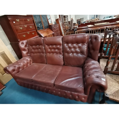 898 - Wing Back Chesterfield Tan Leather 3 seater sofa - W190cmCondition StatusGood: In good condition ove... 