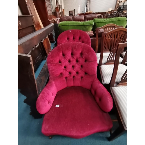 906 - A Pair of Toad Style chairs button back upholstered in a Raspberry coloured fabricCondition StatusGo... 