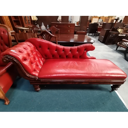 918 - Mahogany framed red leather chesterfield chaise Lounge L174cmCondition StatusGood: In good condition... 