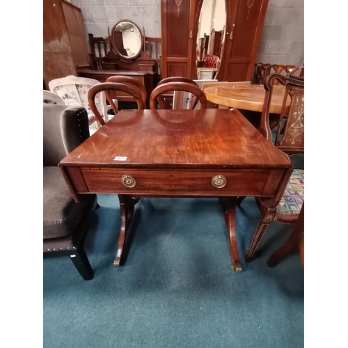 921 - Antique Mahogany Sofa table with swept legs on brass castors. 75cm wide, 120cm wide with leaves upCo... 