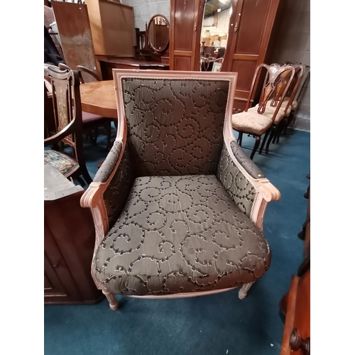 923 - Regency style stained beech framed armchair with scrolled cut brocade fabric with rope trim Conditio... 