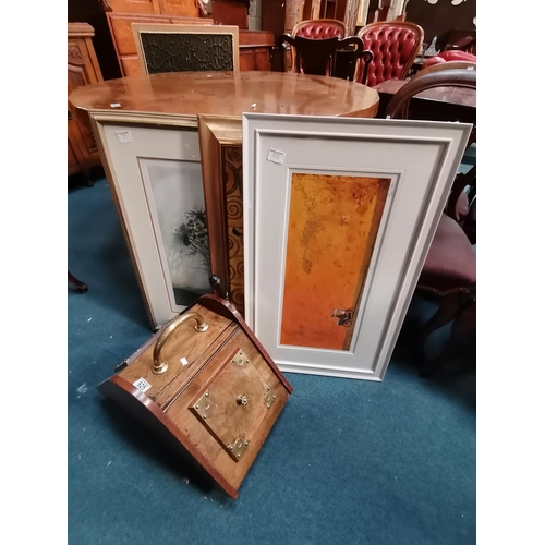 925 - Victorian Oak Coal scuttle with hinged lids, brass mounts and handle with steel lining plus 3 pictur... 