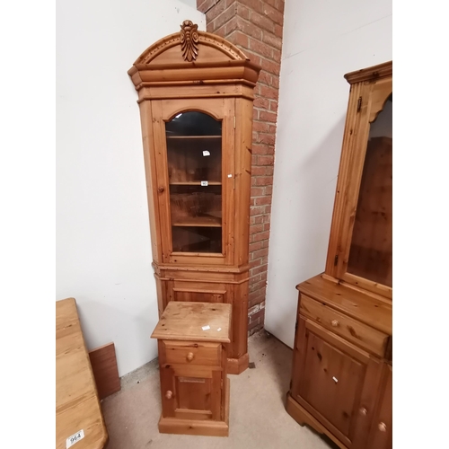 963 - Antique pine two piece standing corner cupboard with carved detailing to top with bedside cupboard W... 