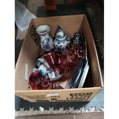 1311A - 1 box of Delft pieces and Cranberry coloured glassware