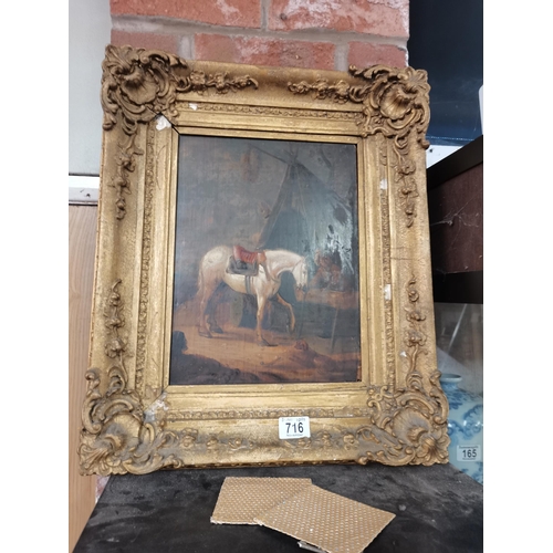 716 - Continental School, 18th Century, Grey horse, man and dog before a tent, oil on panel, framed. 33.5c... 