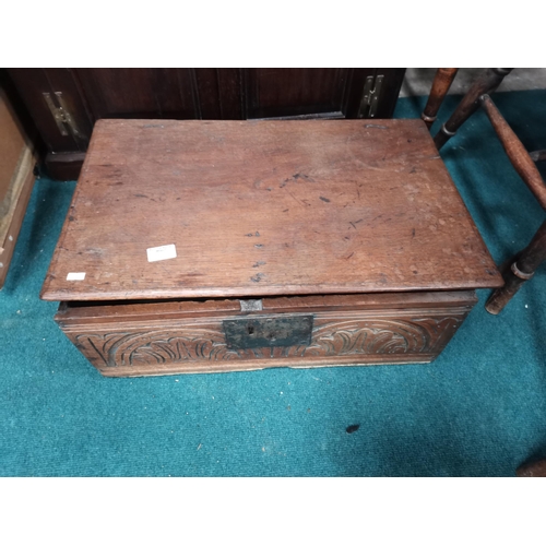 863A - Carved Antique Oak toolbox with vintage tools W57cm x D40cm x H20cmCondition StatusFair: In fair con... 