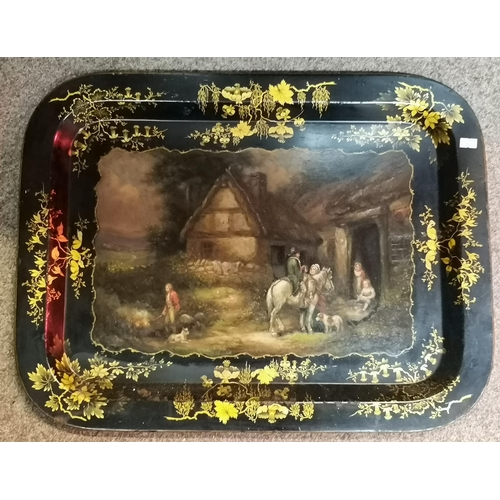 153 - A large tôleware tray, 19th Century, rounded rectangular, painted to the centre with a country cotta... 