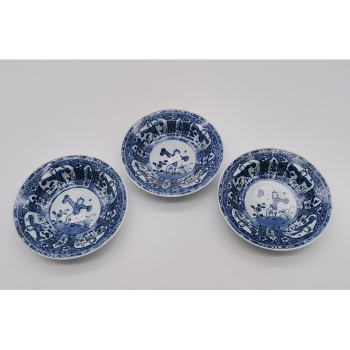 167 - Three Japanese porcelain Hirado ware style blue and white small dishes, with karako decoration of Ch... 