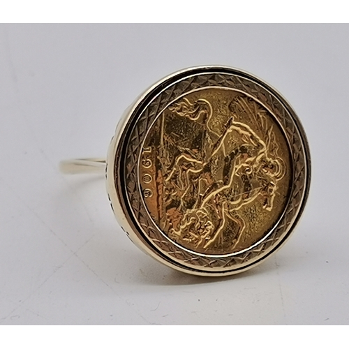 517A - An Edward VII half sovereign, 1906, to a 9 carat gold ring mount, hallmarked 375. Ring size O, 9g gr... 