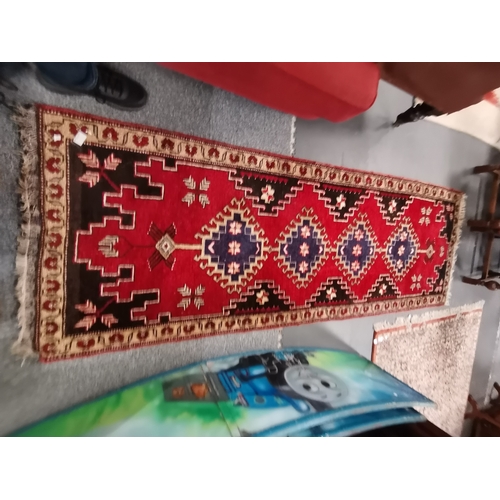 1149c - A vintage runner in mostly red, blue and creams and diamond patterning 2.5m x 90cm