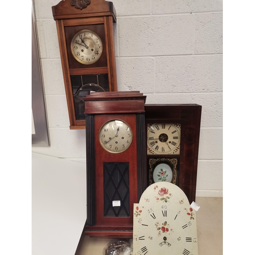 739 - x3 vintage wall clocks and painted clock face plus bag of clock keys