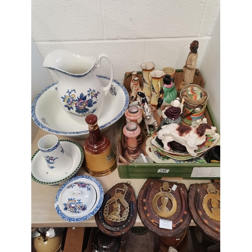 740 - Antique jug and bowl set, antique horse shoes and horse brasses and box of ceramics