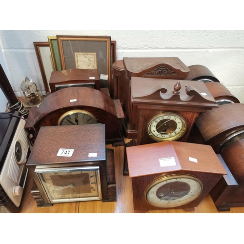 741 - x11 vintage mantel clocks plus mid century radio and clock in glass dome