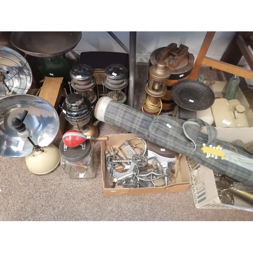 743 - Collection of vintage items - oil lanterns, heaters, brassware, 1940s blow butter churn, Golf clubs ... 