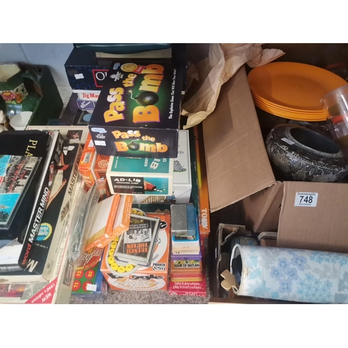 748 - Large collection of vintage games, jigsaws, retro jugs, plastic glasses and box of ceramics