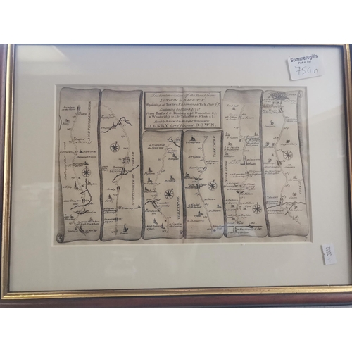 750A - Set of 6 framed old maps and routes of Yorkshire and England