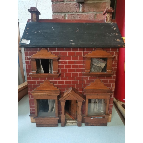 751B - Hand-crafted Vintage Doll's house in wood, 4 rooms and hallway,  Double doors hook closed at rear, W... 