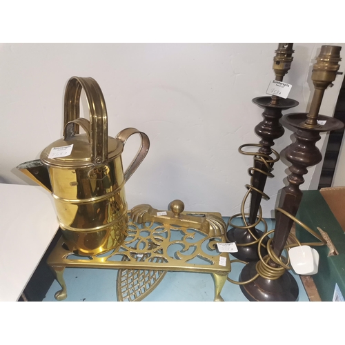 758A - Pair of lamp bases and brass items including Brass watering can and trivets