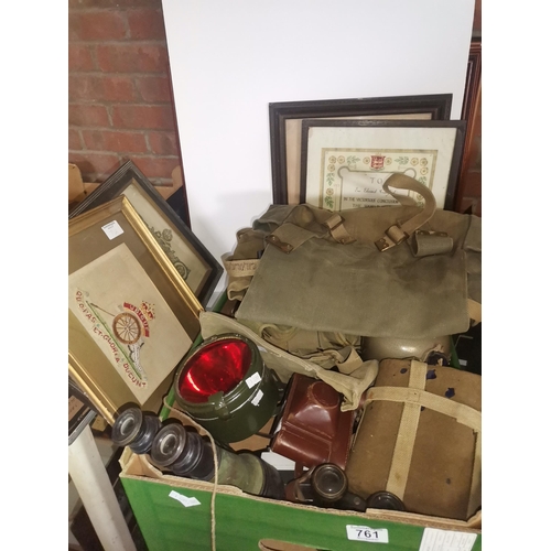 761 - Box of vintage items incl military interest, framed certificates, back packs, binoculars etc