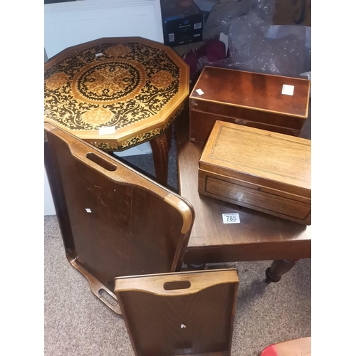 785 - Vintage Italian Musical table with wood inlay, Antique Mahogany stool plus x2 antique tea caddys on ... 