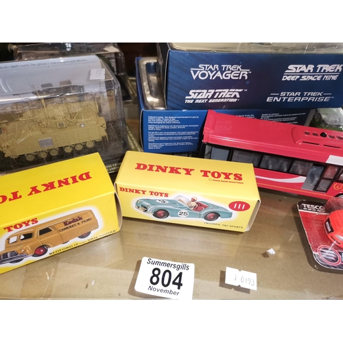 804 - Collection of Various DIe cast model cars, tanks, Star Trek, Brooklands cars and card model village,... 