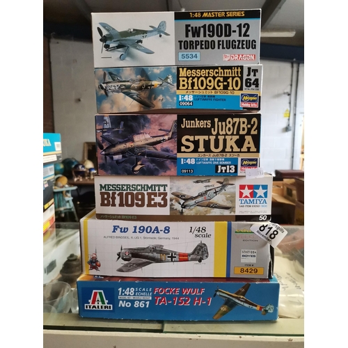 818 - x6 1/48 WWII Model kits all unmade and complete i nboxes. Luftwaffe, ME109, JU87 etc