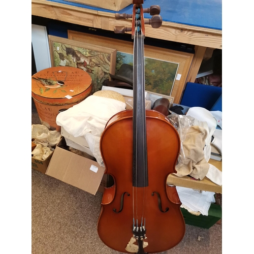 829 - 110cm Height Cello with bow in case - strings need attention but spares  in case