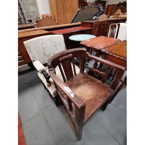 1007 - Vintage wooden tub chair plus ebonised armchair