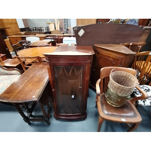 1012 - Drop Leaf table, narrow chest of drawers, Oak framed leather seated chair, brass coal bucket and wic... 