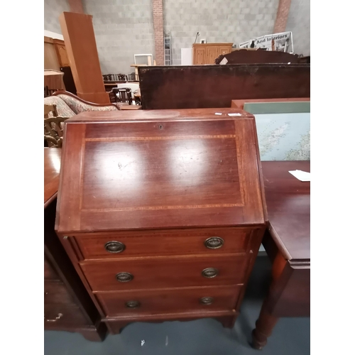 1026 - Small inlaid Bureau plus pine cupboard with carved doors