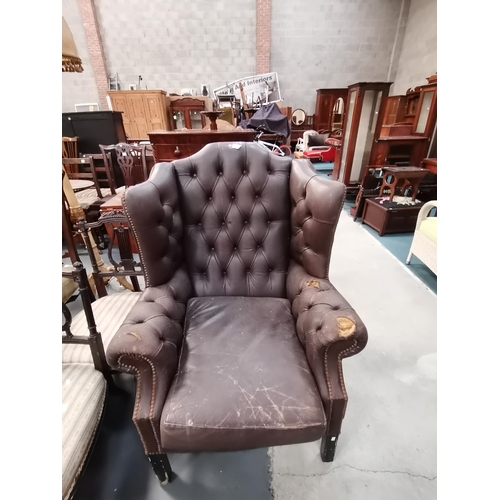 1029 - Vintage Chesterfield leather Queen Anne style armchair Condition StatusFair: In fair condition, sign... 