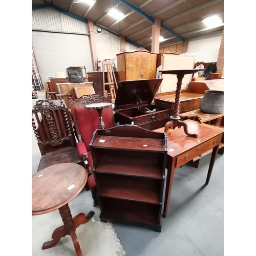 1042 - Miscellaneous Furniture including Fullotone Gramohone cabinet, Carved Oak framed armchair,  shelves,... 