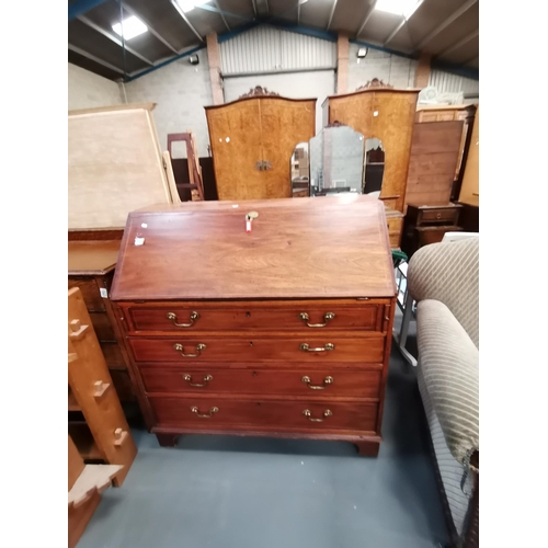 1044 - Georgian mahogany bureau on bracket feet with brass swan neck handles and with a good interior W106c... 