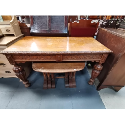 1051 - Antique Victorian Gothic Revival carved Oak Table 137cm x 68cm Plus nest of tablesCondition StatusGo... 