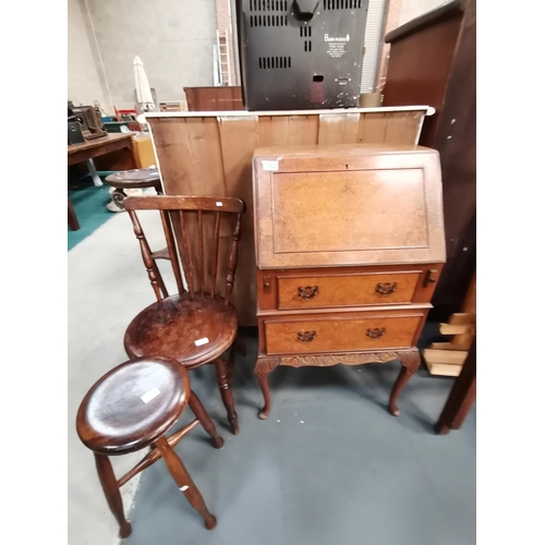 1052 - Antique small veneered bureau plus Penny Chair and stool