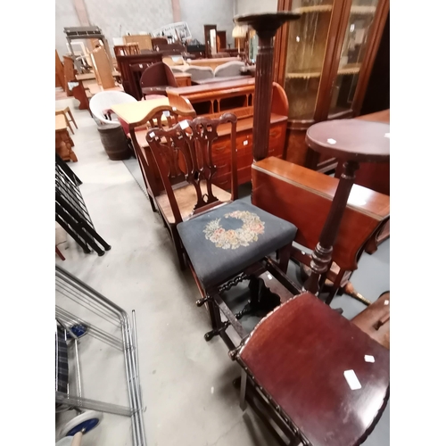 1057 - Miscellaneous furniture - Two Mahogany plant stands, Leather topped stool, drop leaf table etc etc (... 