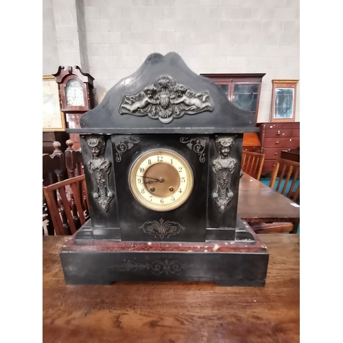 893 - Large Victorian slate mantel clock and 2 smaller antique mantel clocks