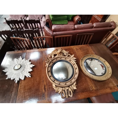 895 - Antique convex round eagle hall mirror 50cm diameter plus Convex gilt porthole mirror 50cm diameter ... 