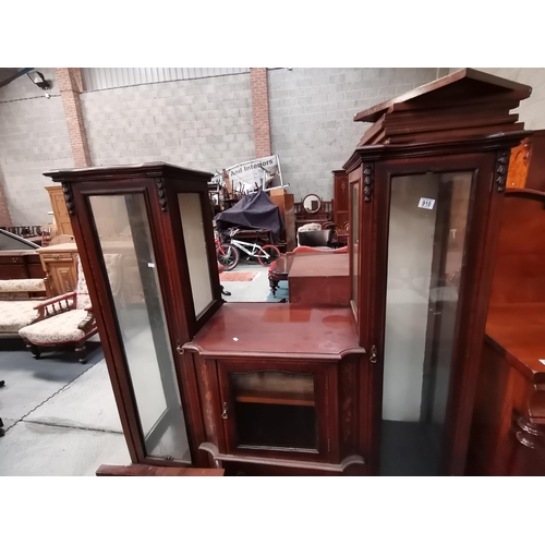 910 - Antique inlaid carved mahogany glass fronted display cabinet - 2 showcases with shelves either side ... 