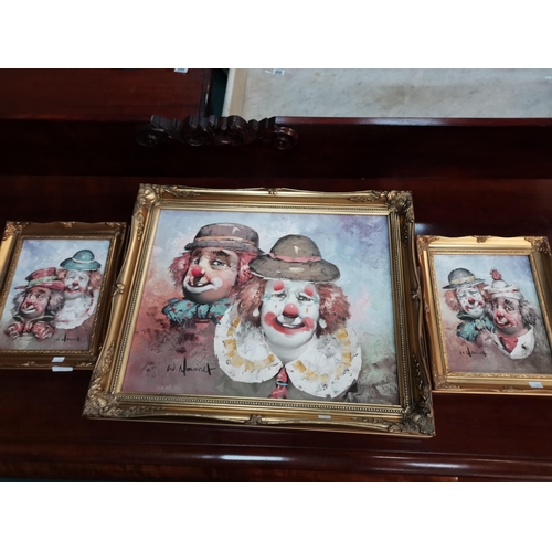 917 - 3 x oil on canvas painting of clowns by WILLIAM MONINET 1990s