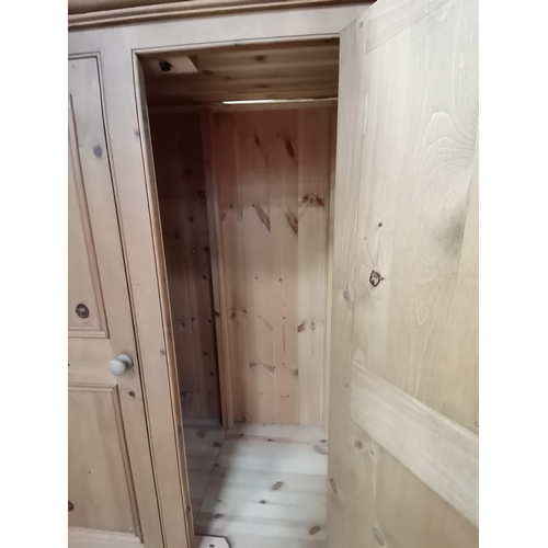 934 - Pine Treble wardrobe sat on 2 over 3 drawers with one shelved compartment and hanging rail in other ... 