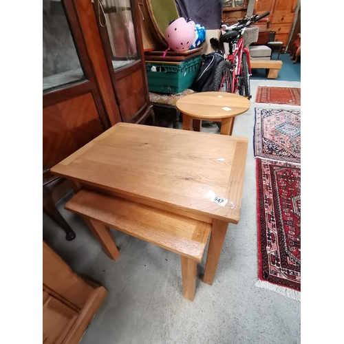 947 - Oak nest of tables (2) plus round side tableCondition StatusGood: In good condition overall, but pos... 