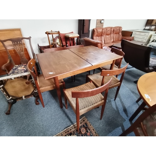 1171 - A set of 6 MORGEN KOHL Danish teak woven mid century chairs with ext. dining table  Dalescraft  L135... 