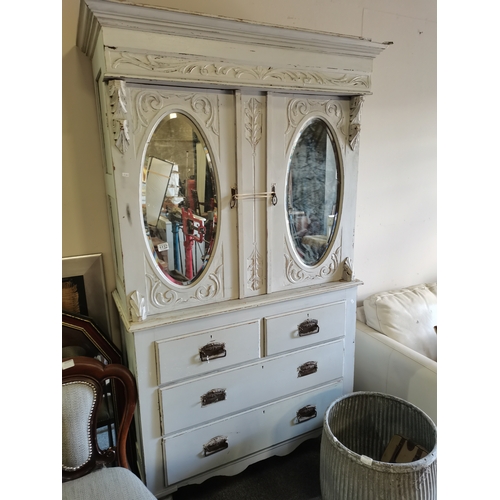 1132 - A Victorian grey painted linen cupboard with 4v drawers and linen space above