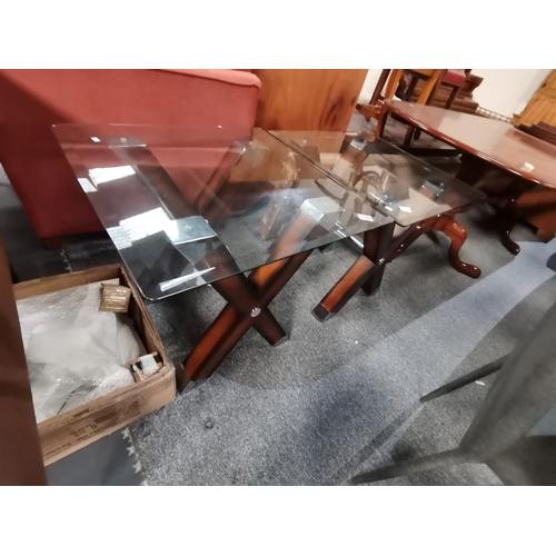 1158 - 3 x x frame side tables with wood , glass and chrome finish excellent quality 65cm x 65cm Condition ... 