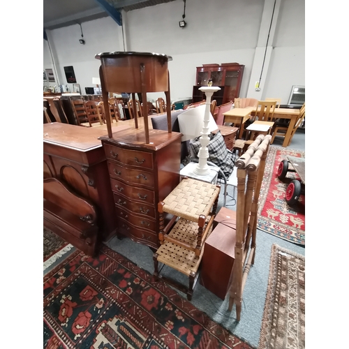 1188a - A 6 drawer mahogany tall boy, 2 x stools, sewing box etc