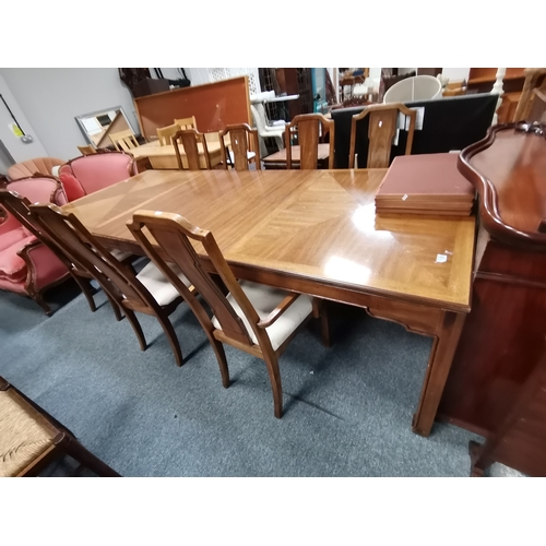 1190 - Large American Oak extendable dining table with 2 leaves plus 7 chairs - L274cm (extended) x W111cm ... 