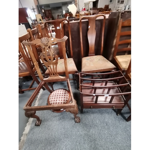 1195 - A pair of Queen Anne style chairs, canterbury, and Victorian stool