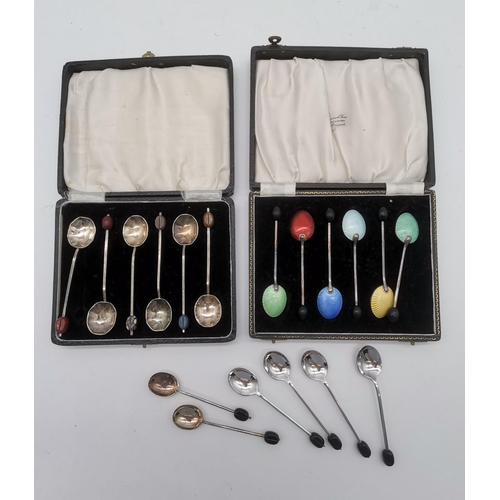 344 - A small group of mixed silver-plated items, including a set of six harlequin enamel-backed coffee be... 